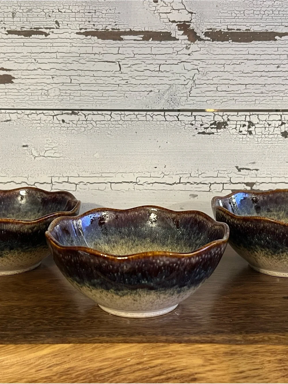 RiRiKu Ceramic Bowl Set of 3 Blue Brown Glaze Scalloped